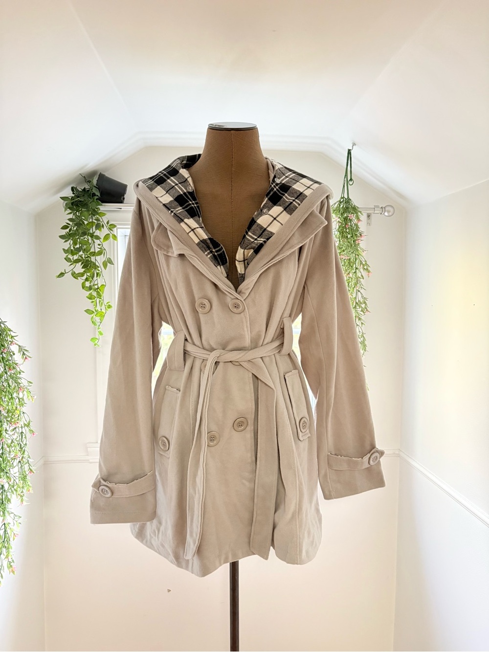 Women's Hooded Belted Trench Coat in Light Gray